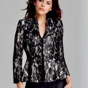 Alice + Olivia Polly Lace Blazer Black Beige Peplum Mandarin Collar Jacket